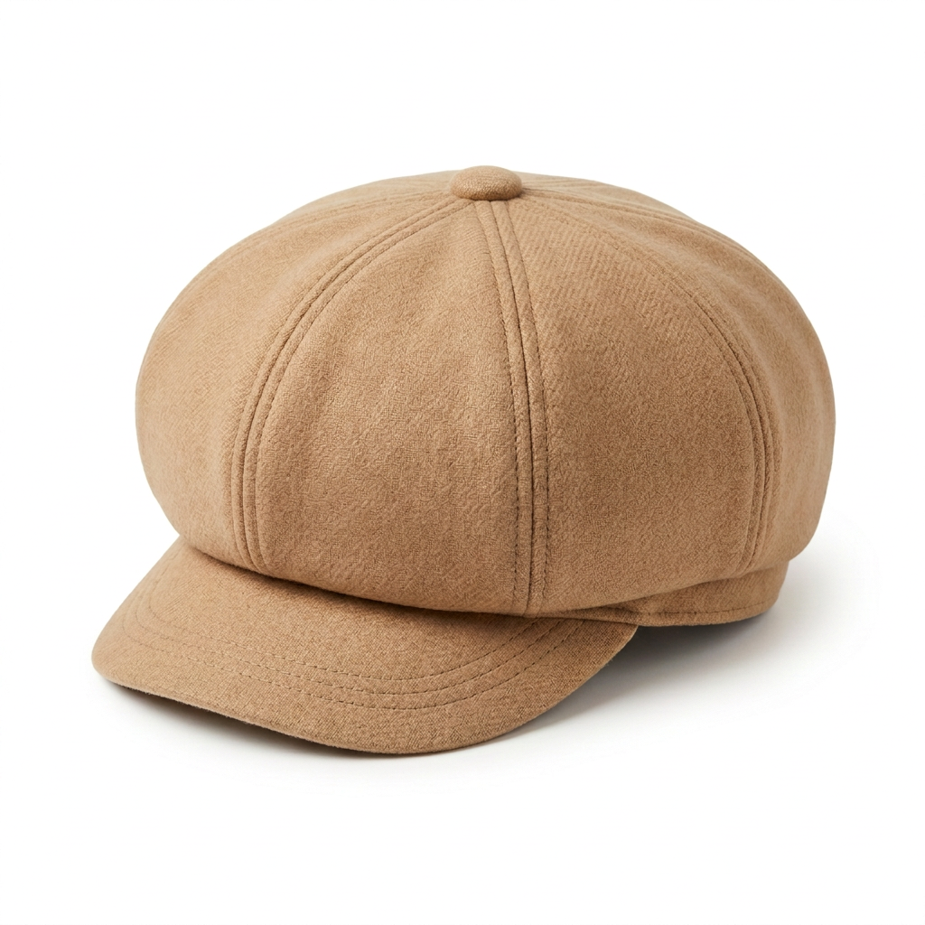 Women's warm camel wool-blend eight-panel newsboy cap front view