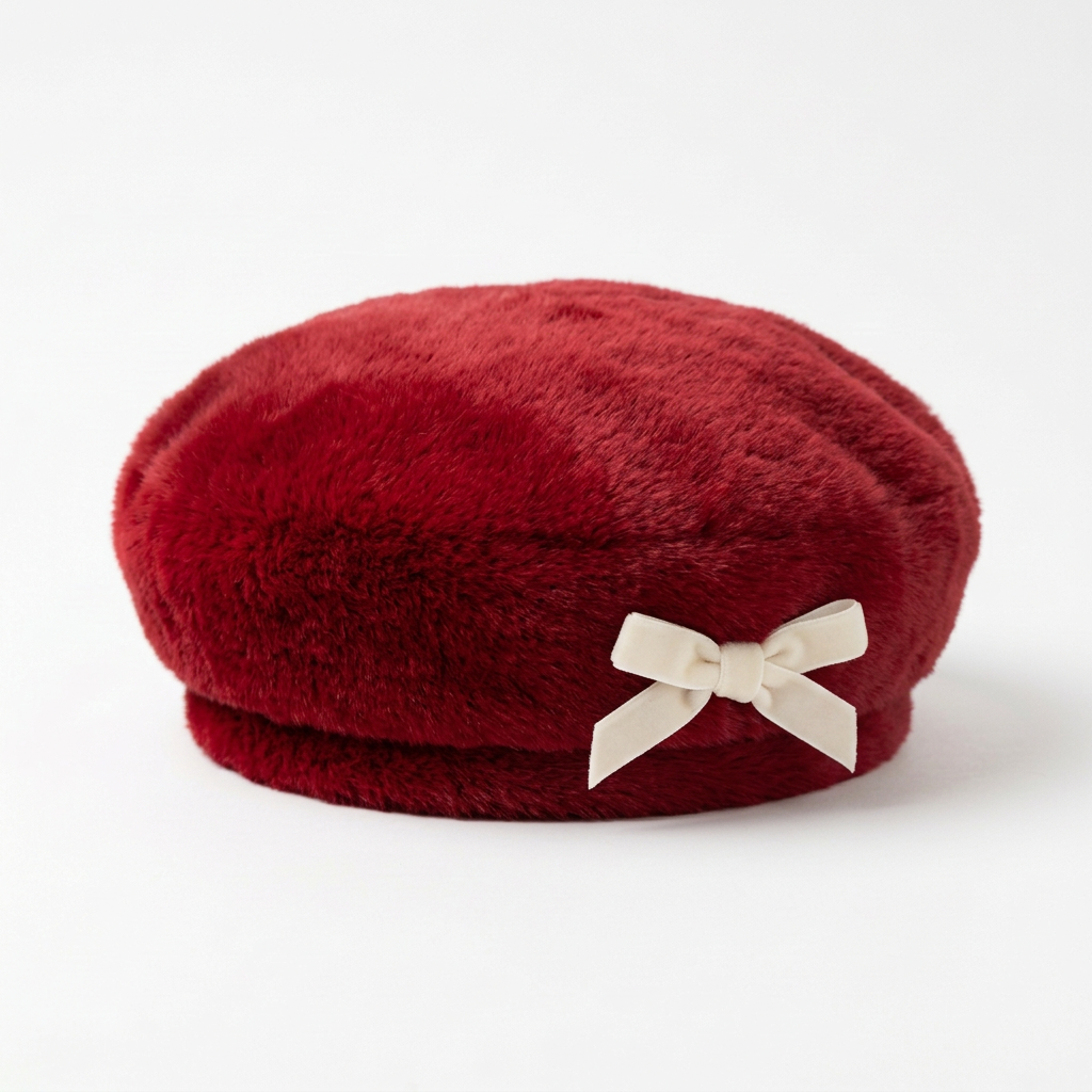 Christmas Red Faux-Fur Beret with Ivory Velvet Bow — White Background