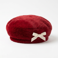 Christmas Red Faux-Fur Beret with Ivory Velvet Bow — White Background