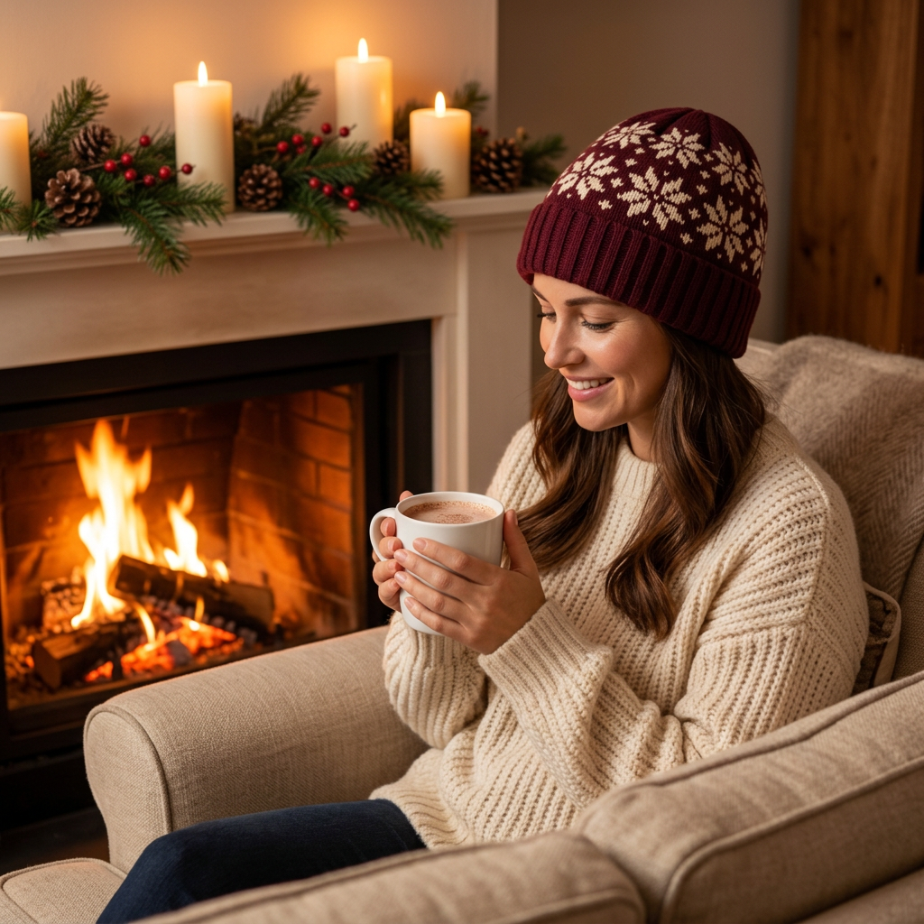 Cozy Fireplace Hot Cocoa Winter Home — Snowflake Beanie