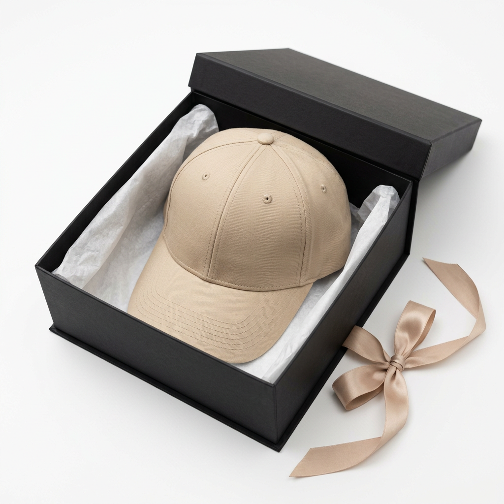 Premium beige baseball cap luxury gift box packaging