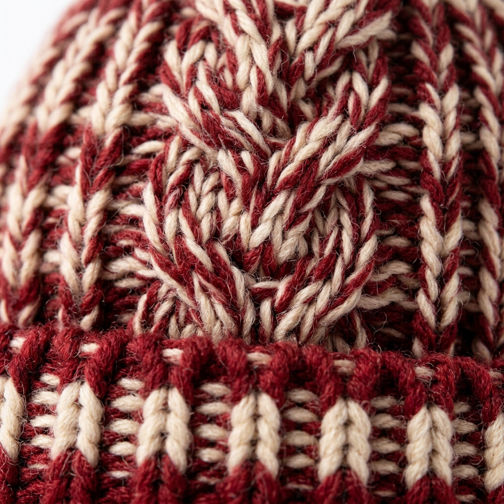 Two-tone cable knit texture macro detail red ivory beanie
