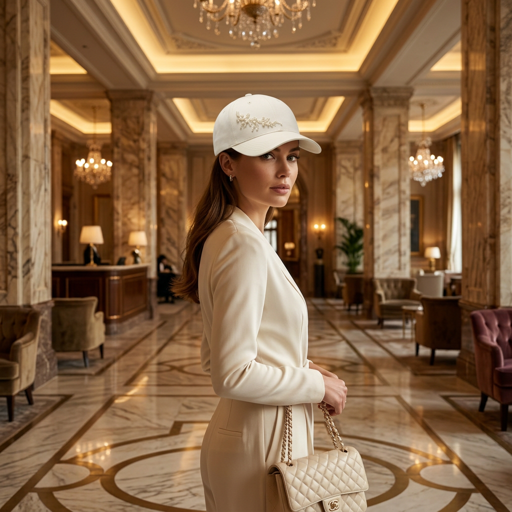 Woman wearing pearl cap luxury hotel marble lobby lifestyle