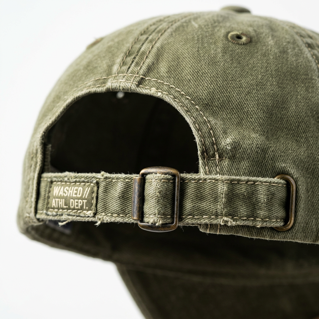 Fabric strap metal buckle closure detail olive dad cap