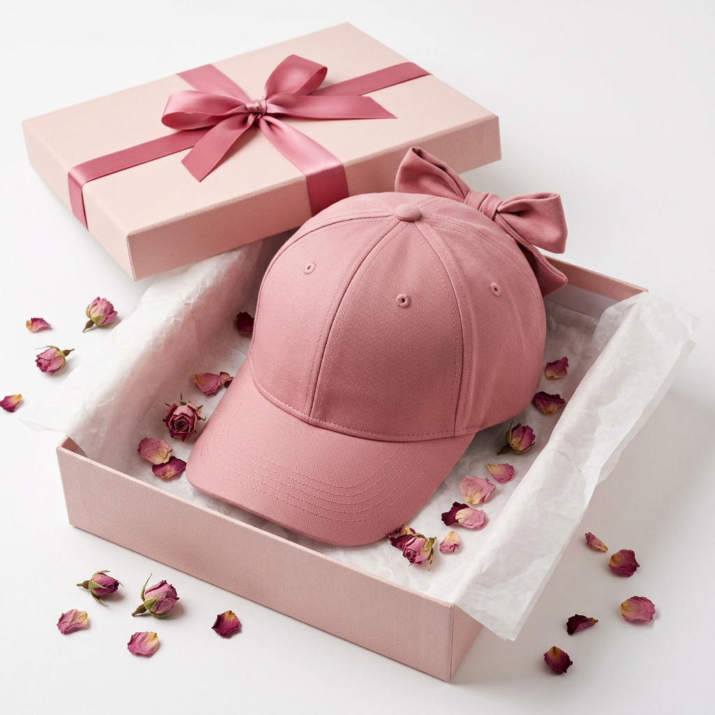 Dusty rose women's bow cap blush pink gift box packaging