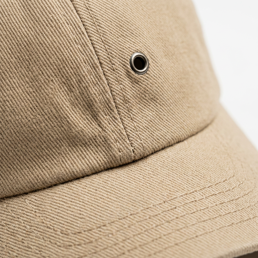 Close up fabric texture detail of premium cotton twill baseball cap