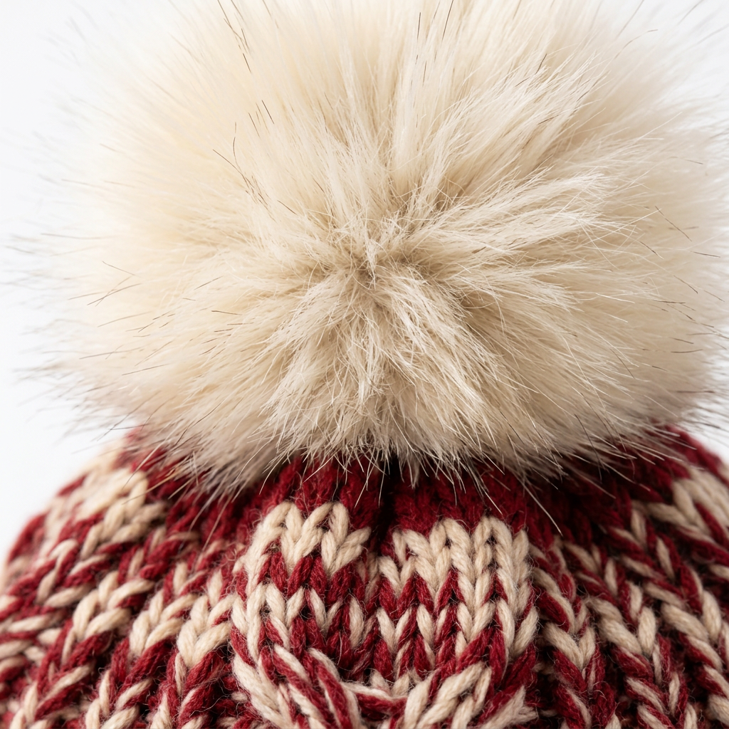 Oversized ivory faux-fur pom-pom macro detail red knit beanie