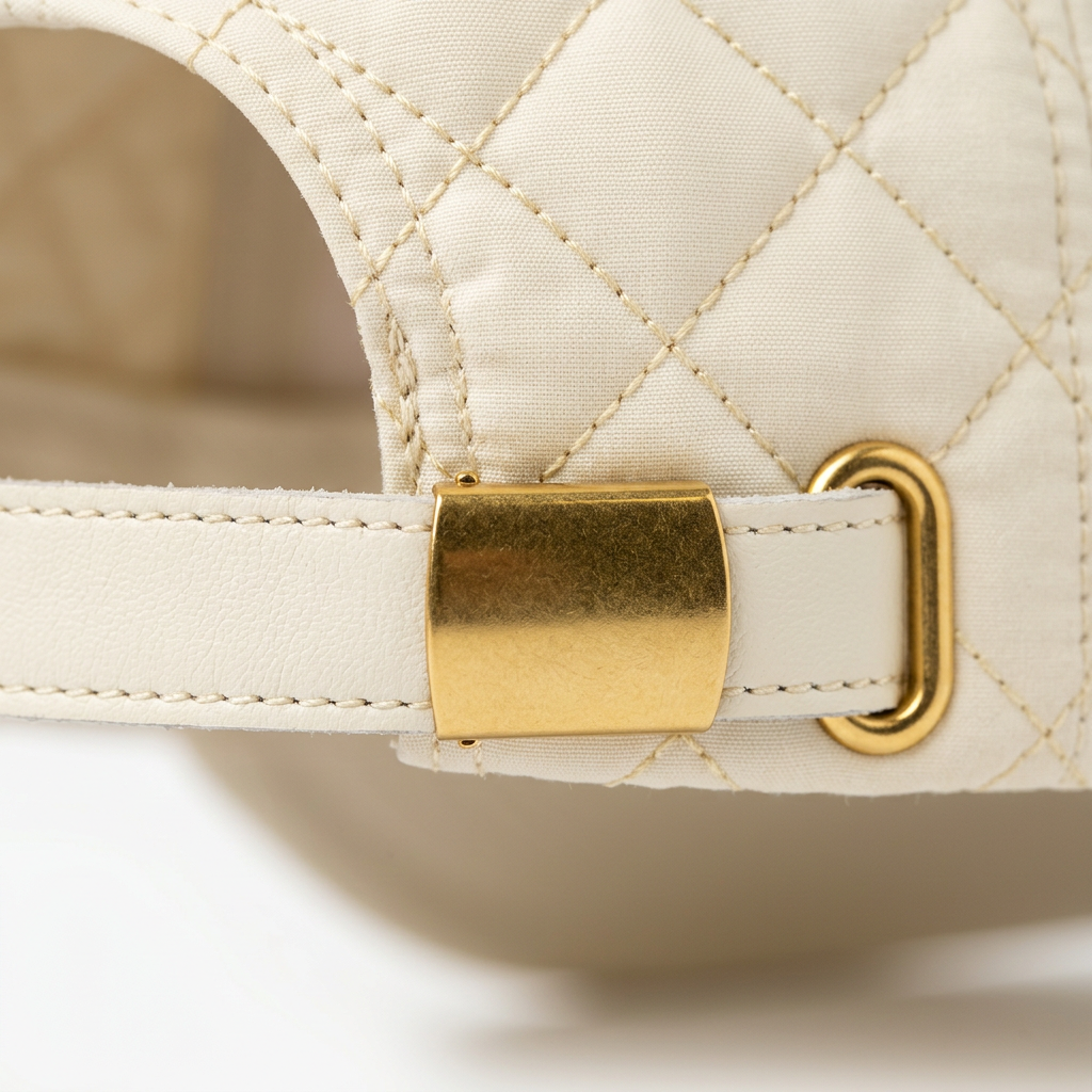 Gold metal buckle closure detail ivory quilted baseball cap