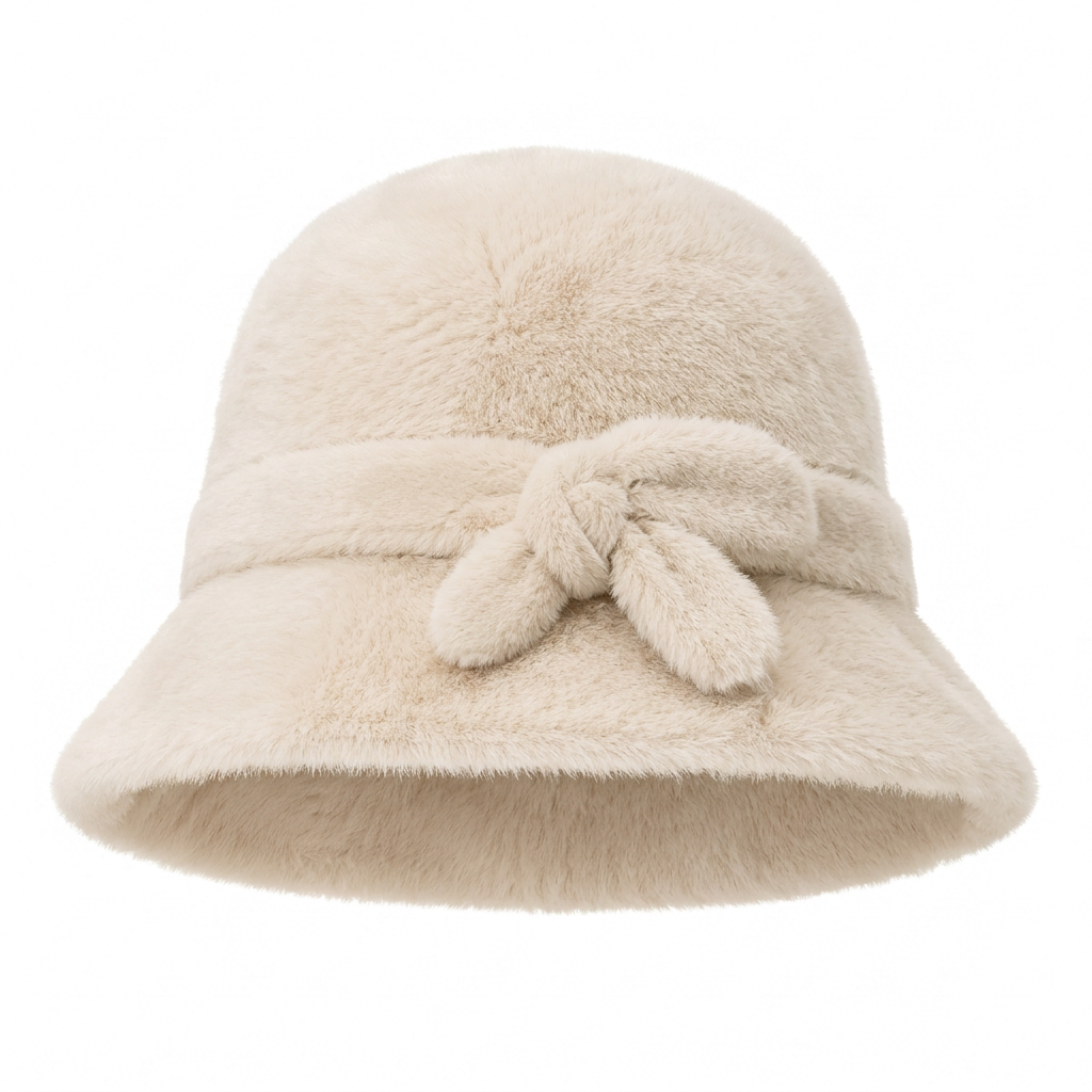 White background studio shot of cream plush bucket hat