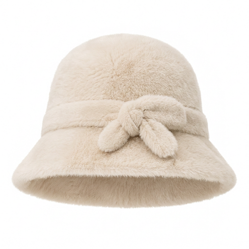 White background studio shot of cream plush bucket hat
