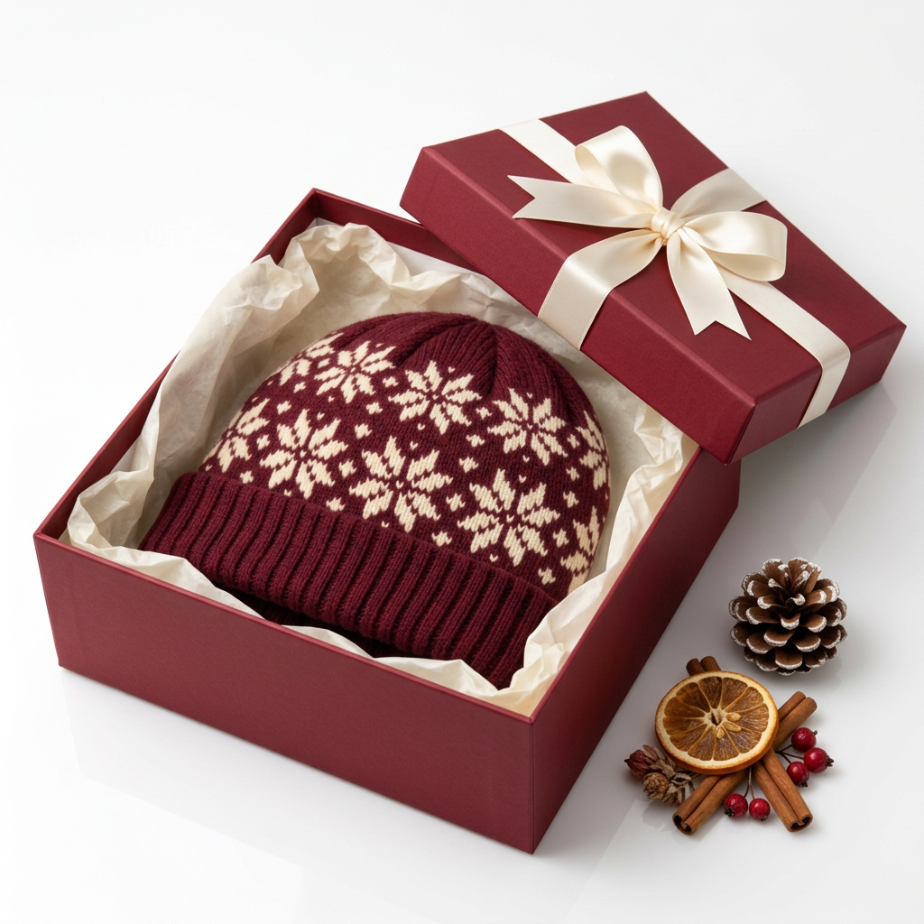 Burgundy snowflake beanie deep red gift box packaging