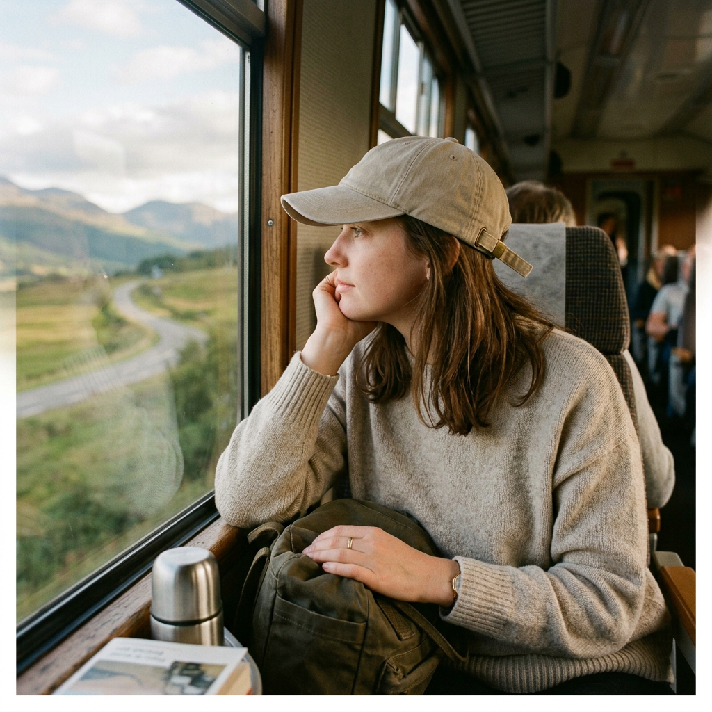 Person wearing beige baseball cap travel window lifestyle scene