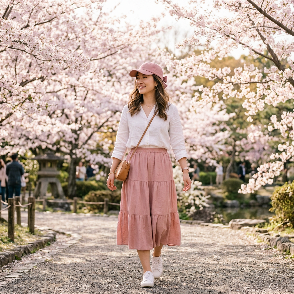 Woman wearing dusty rose bow cap cherry blossom park spring lifestyle