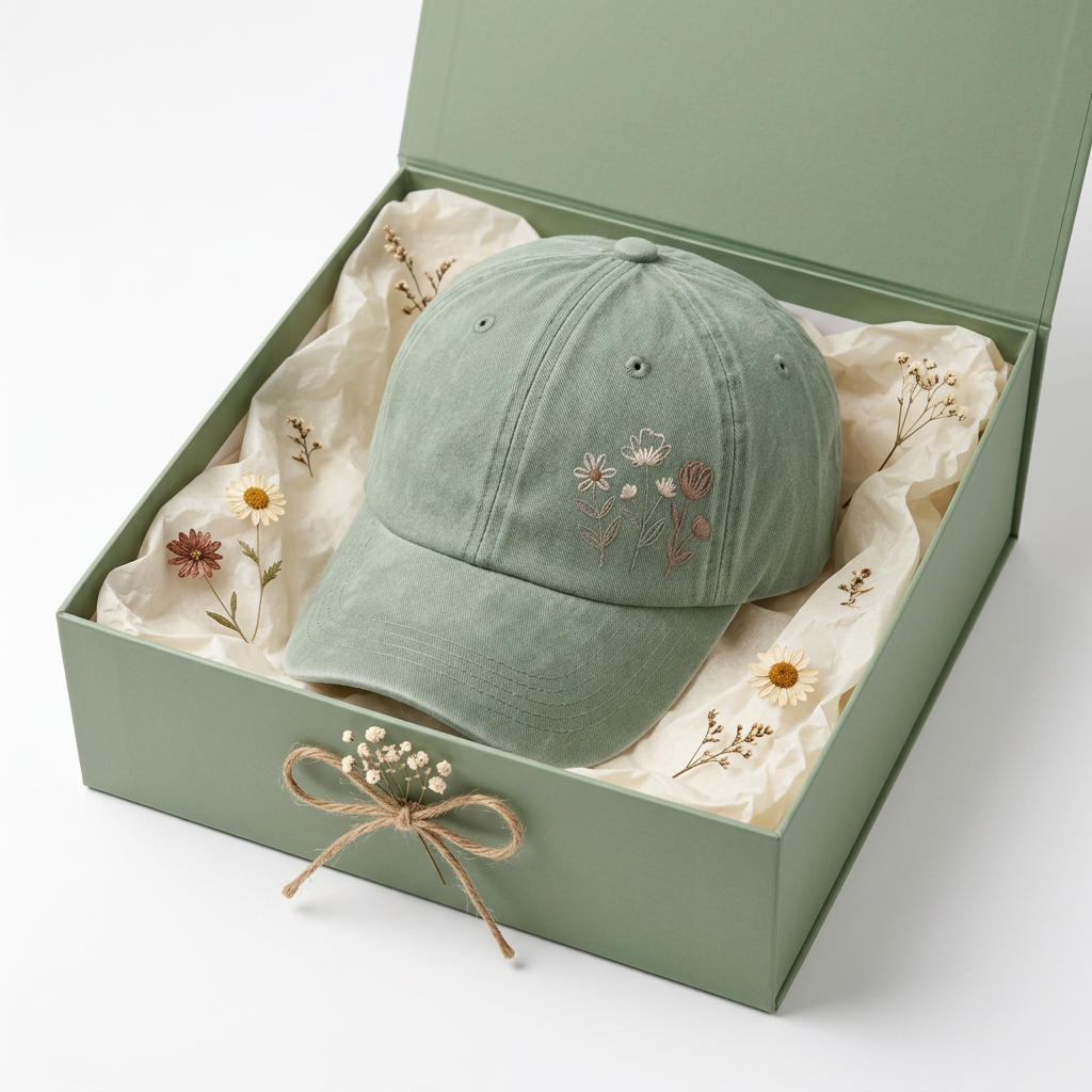 Sage green wildflower cap botanical sage gift box packaging