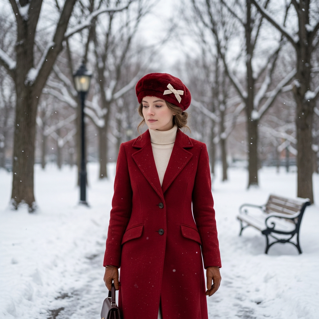 Woman wearing red faux-fur beret snowy city park winter lifestyle