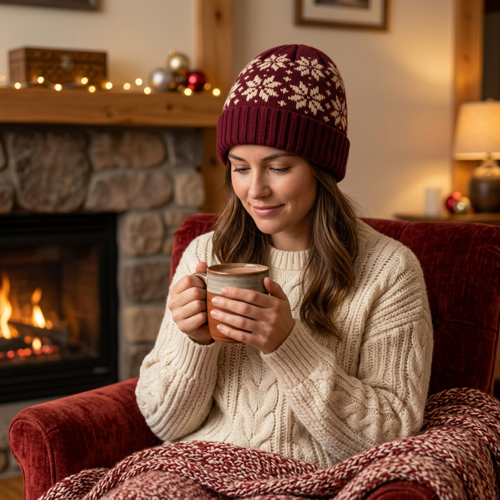 Woman wearing burgundy snowflake beanie cozy fireplace hot cocoa lifestyle