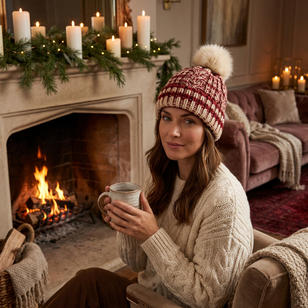 Woman wearing red ivory pom-pom beanie cozy fireplace home lifestyle