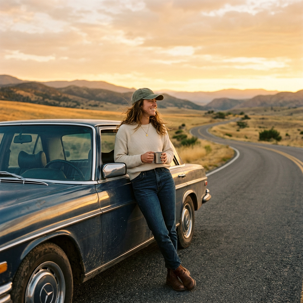 Person wearing olive dad cap road trip vintage car lifestyle