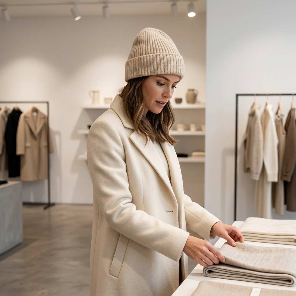 Woman wearing oatmeal ribbed beanie luxury concept store urban lifestyle
