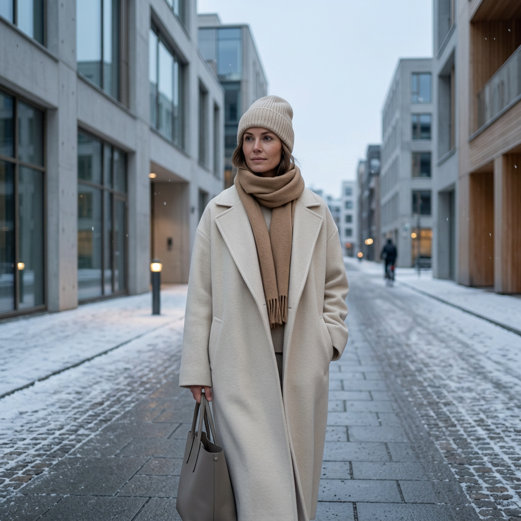 Woman wearing oatmeal ribbed beanie Scandinavian city street winter lifestyle