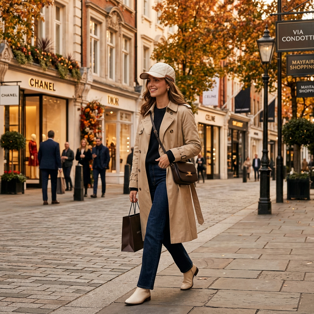 Woman wearing ivory quilted cap luxury shopping district lifestyle