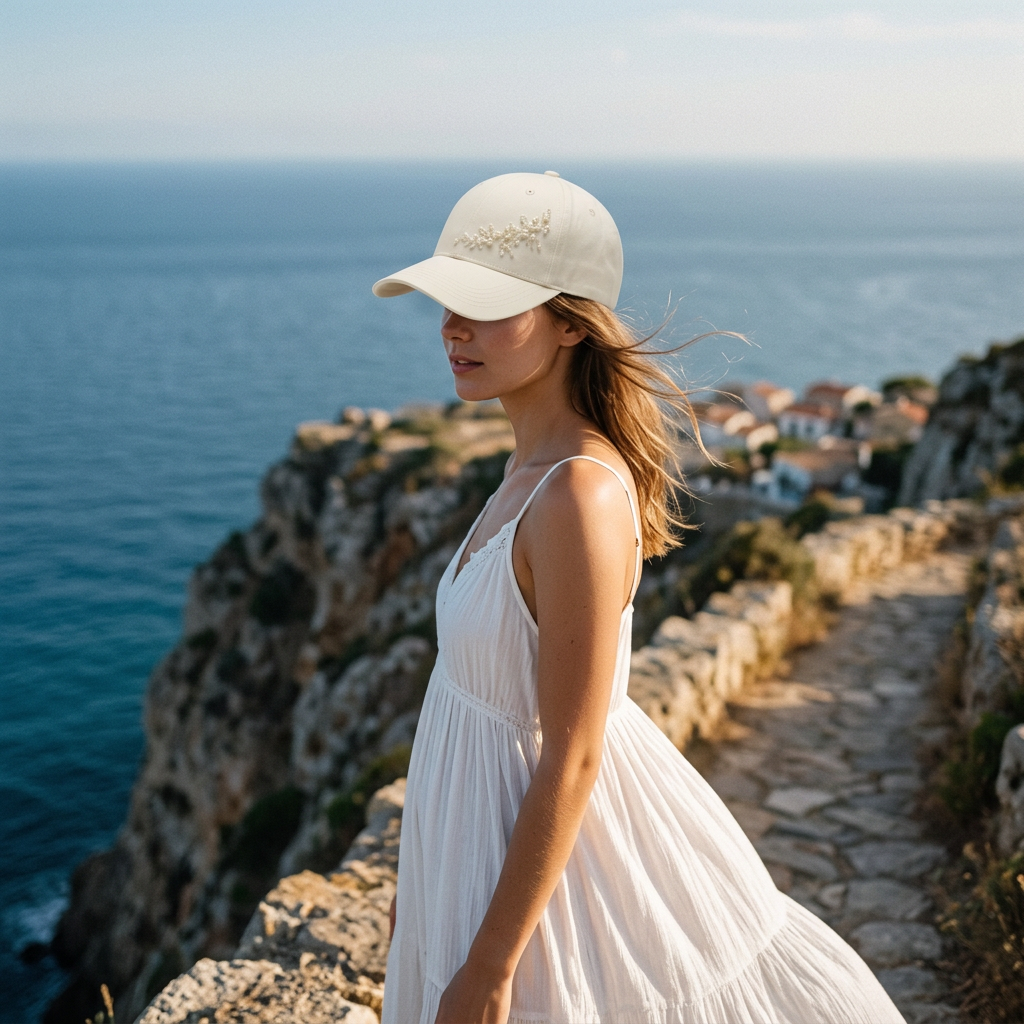 Woman wearing pearl cap coastal cliff ocean travel lifestyle