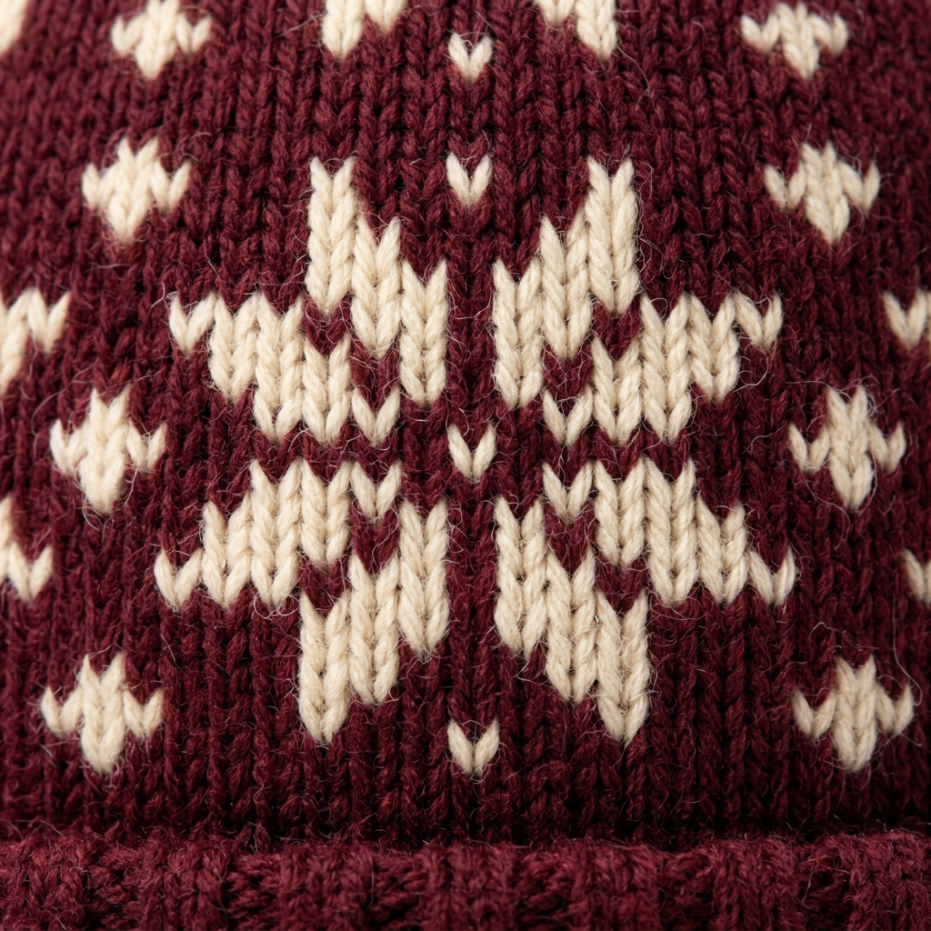 Snowflake knit stitch macro detail burgundy ivory beanie