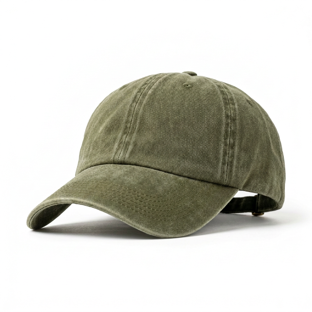 Vintage washed olive green dad cap white background hero shot
