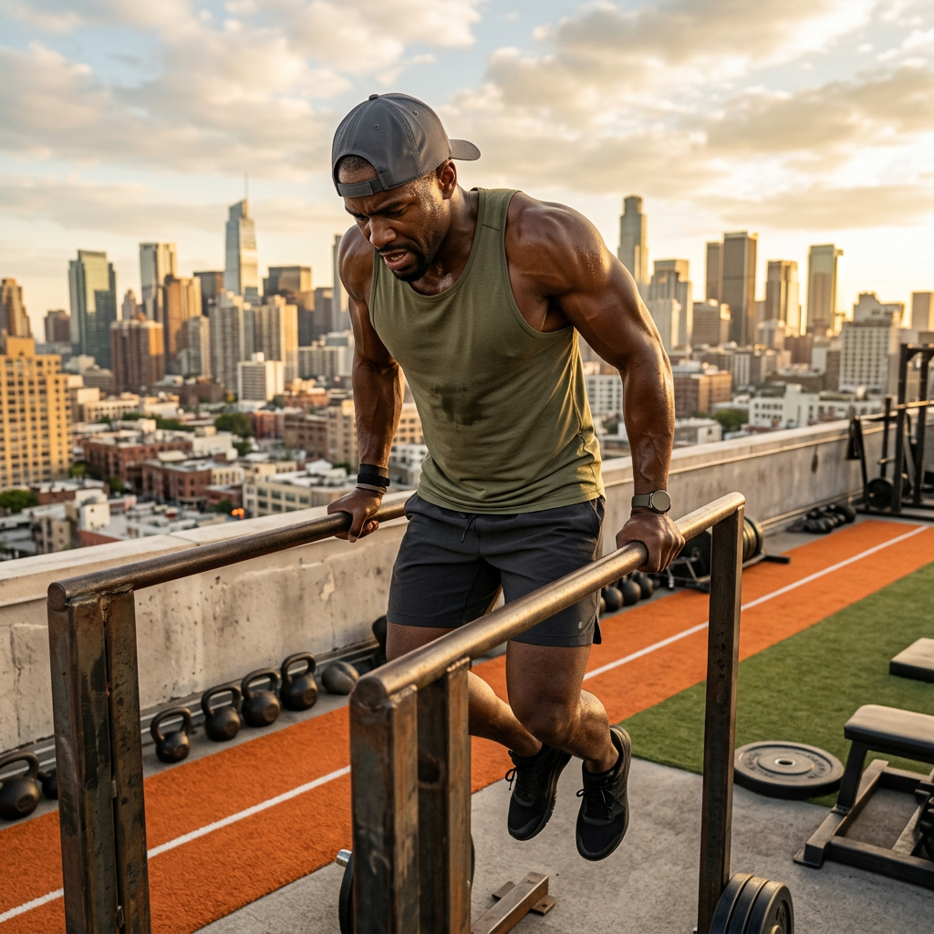 Man wearing charcoal performance cap rooftop outdoor gym training