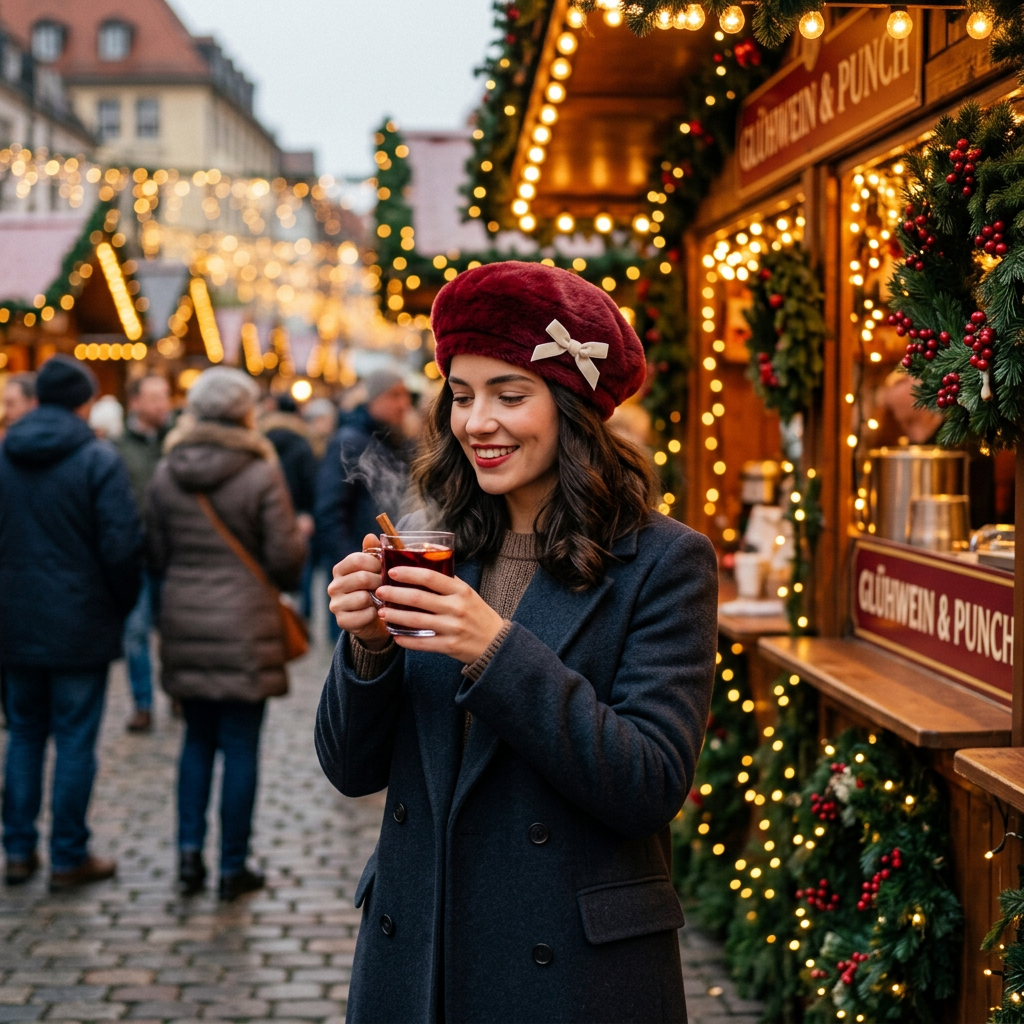 Woman wearing red faux-fur beret Christmas market evening lifestyle