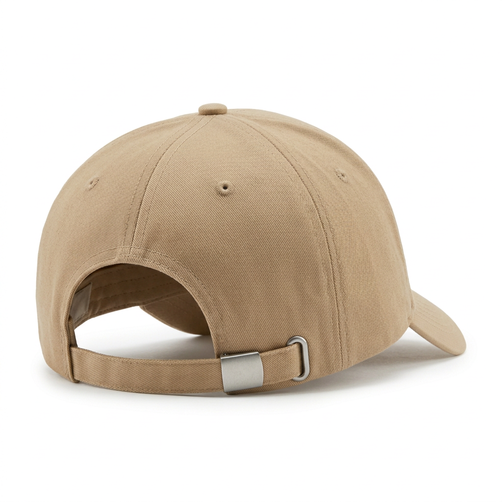 Premium beige cotton twill baseball cap white background hero shot