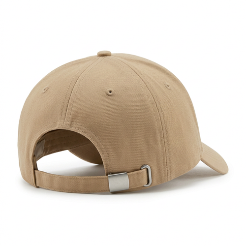 Premium beige cotton twill baseball cap white background hero shot