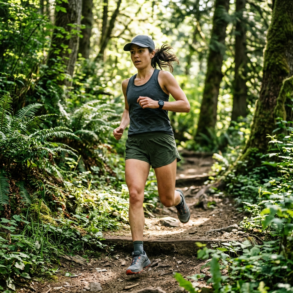 Woman wearing charcoal performance cap trail running outdoor lifestyle