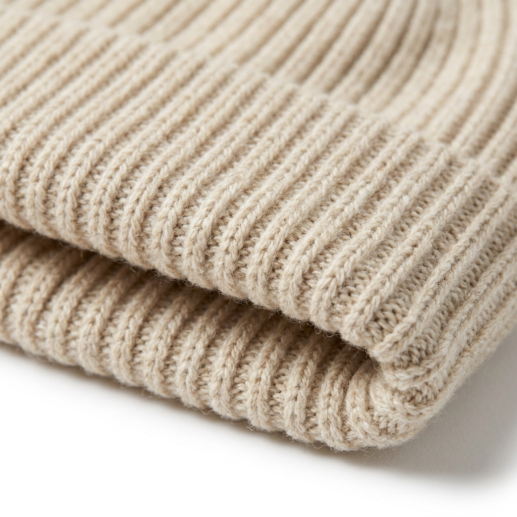 Double-folded ribbed cuff macro detail oatmeal knit beanie