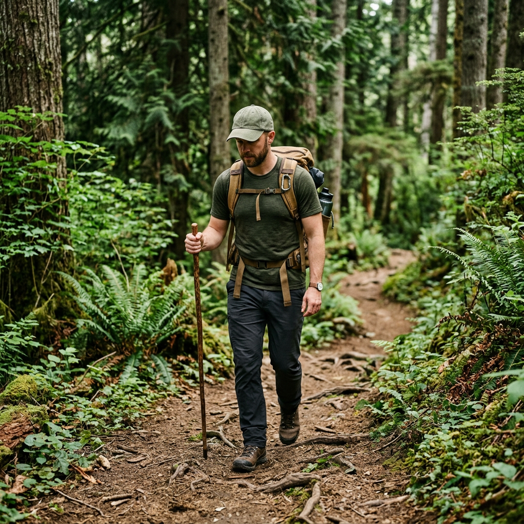 Man wearing olive dad cap hiking forest outdoor lifestyle