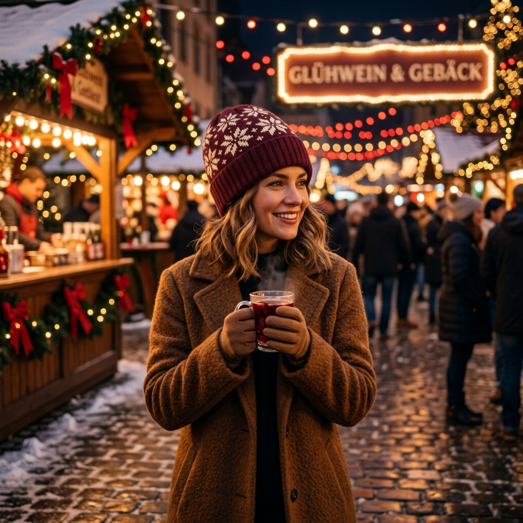 Woman wearing burgundy snowflake beanie Christmas market night lifestyle