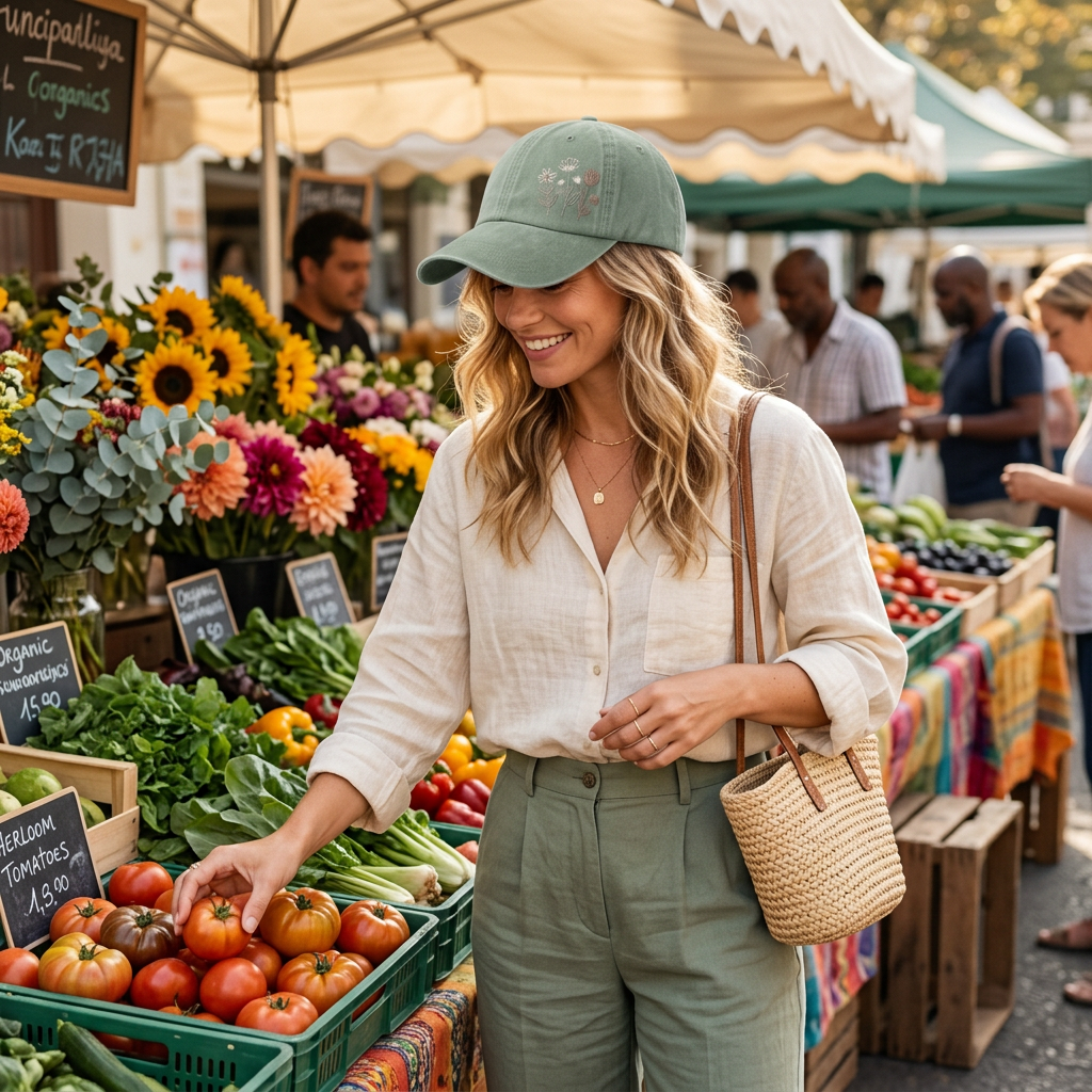 Woman wearing sage green wildflower cap farmer's market lifestyle