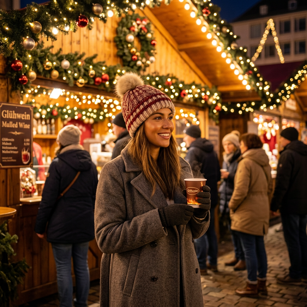 Woman wearing red ivory pom-pom beanie Christmas market night lifestyle