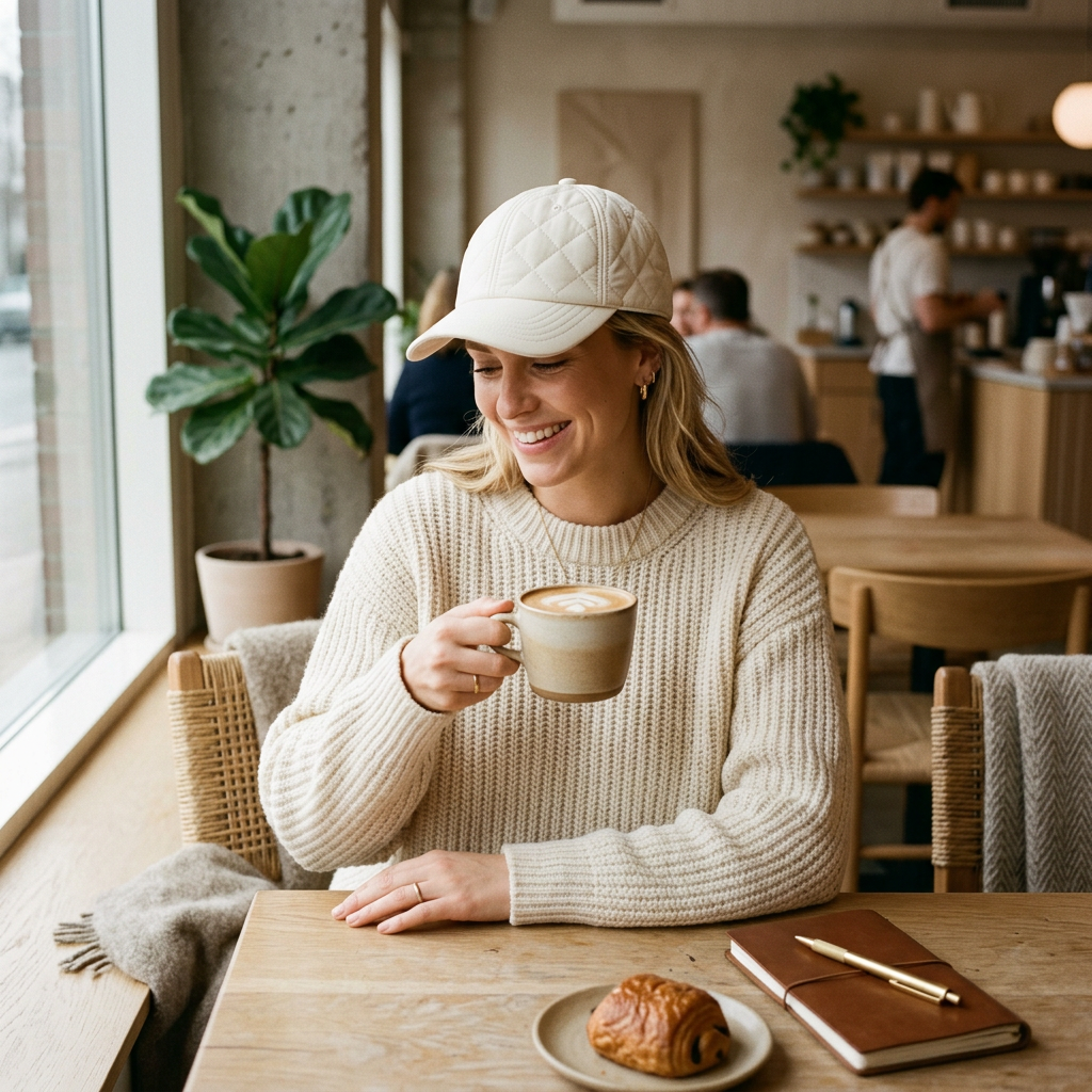 Woman wearing ivory quilted cap Scandinavian cafe morning lifestyle