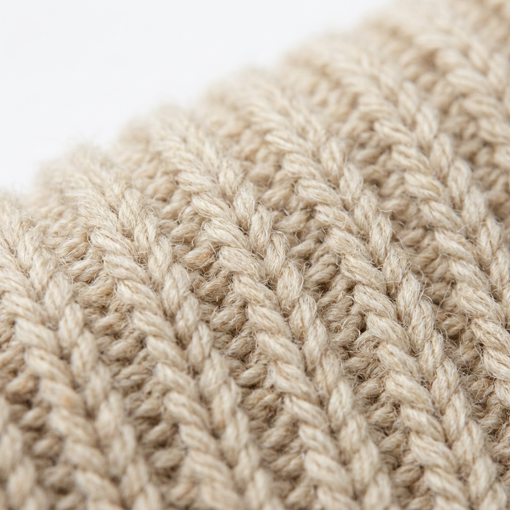 Wide rib knit stitch macro detail oatmeal cream beanie