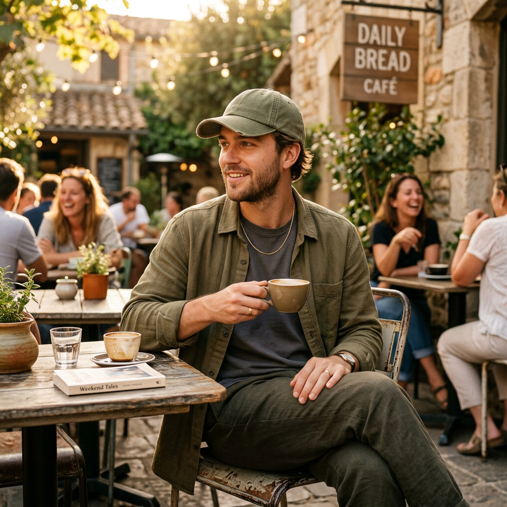 Man wearing olive green dad cap outdoor cafe lifestyle