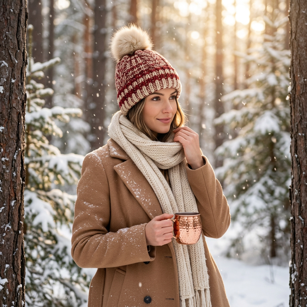 Woman wearing red ivory pom-pom beanie snowy pine forest morning lifestyle