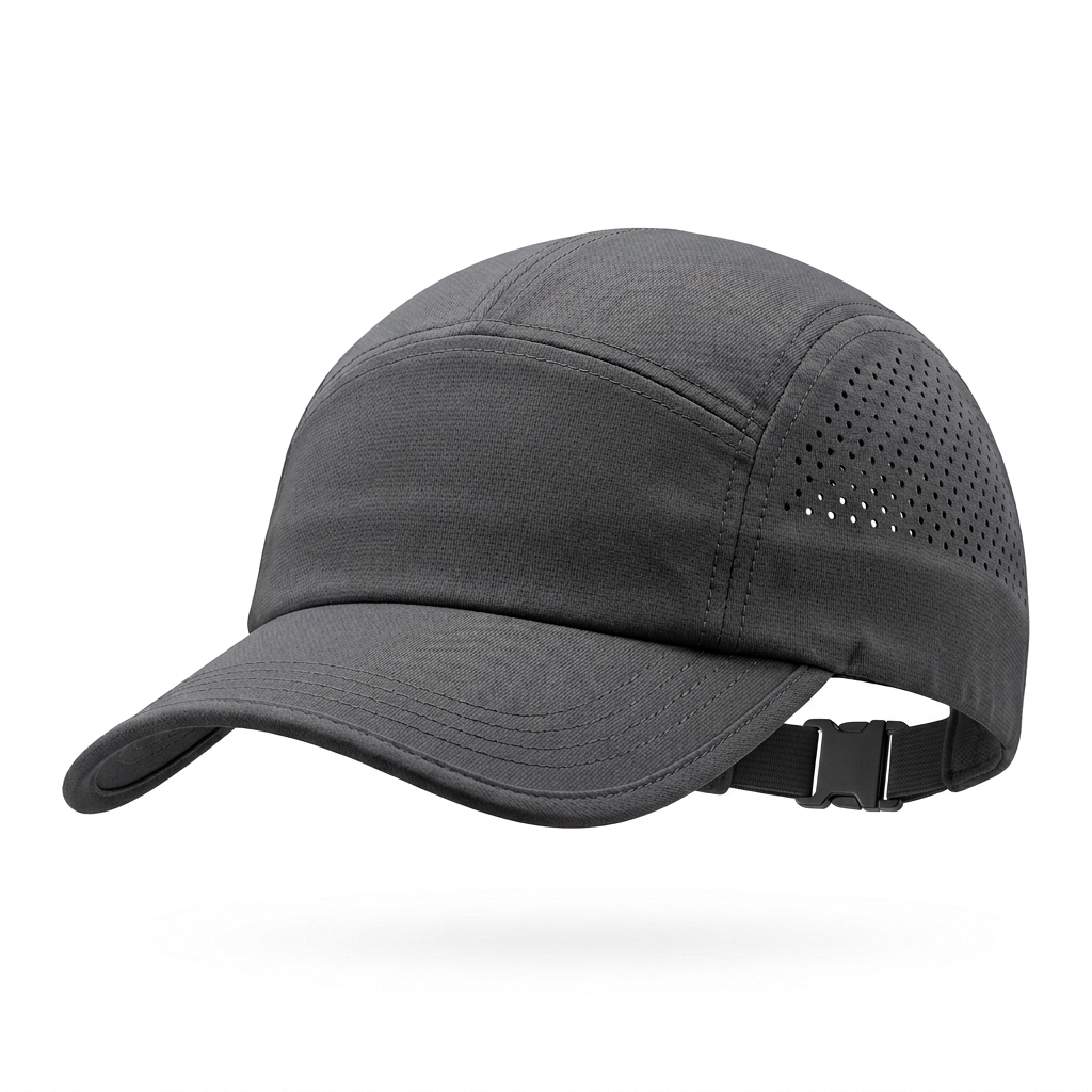 Charcoal gray performance running cap white background hero shot