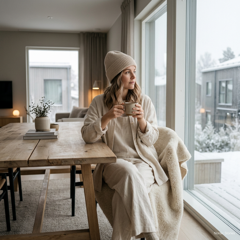 Woman wearing oatmeal ribbed beanie minimalist Scandinavian apartment lifestyle