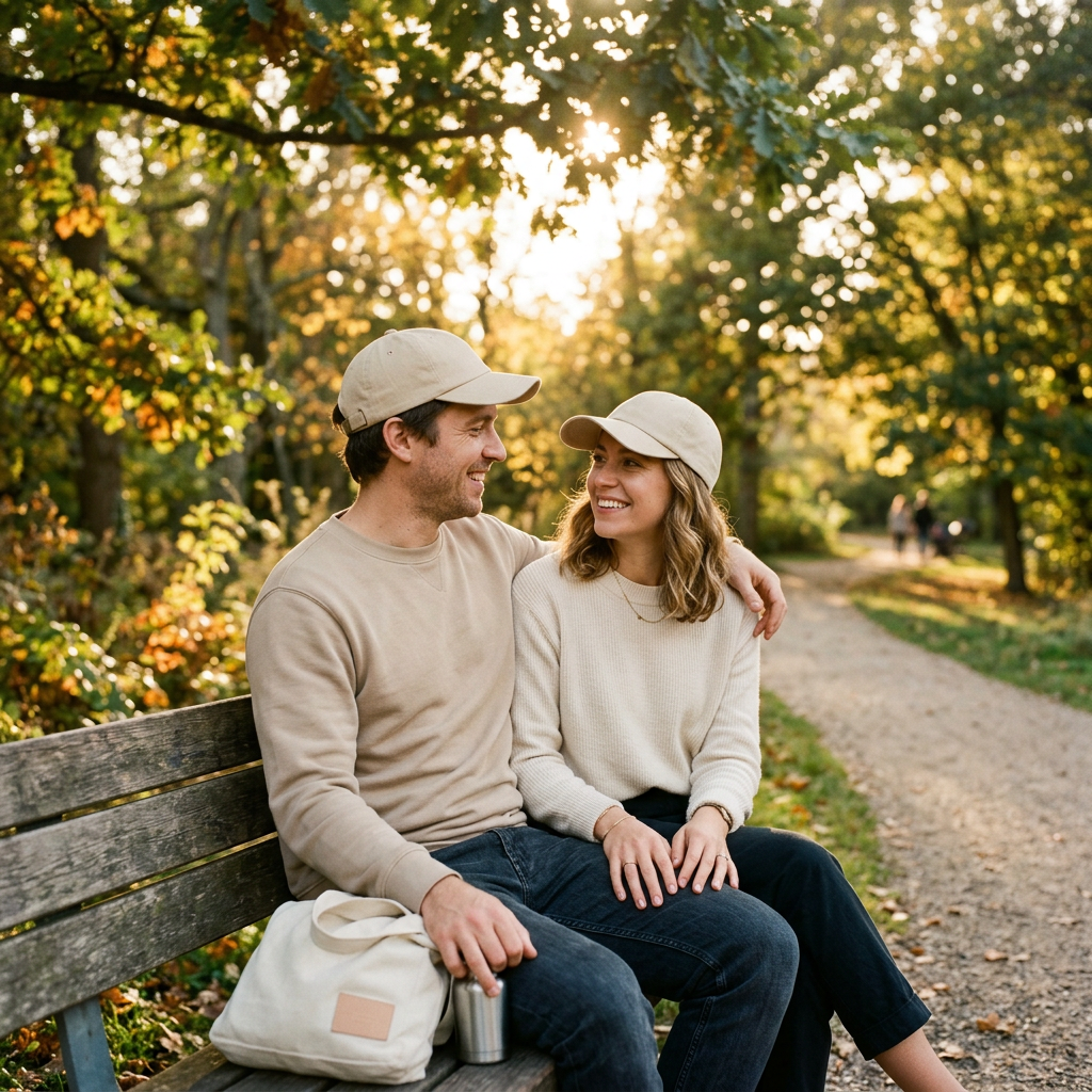 Couple wearing matching beige baseball caps outdoor park lifestyle