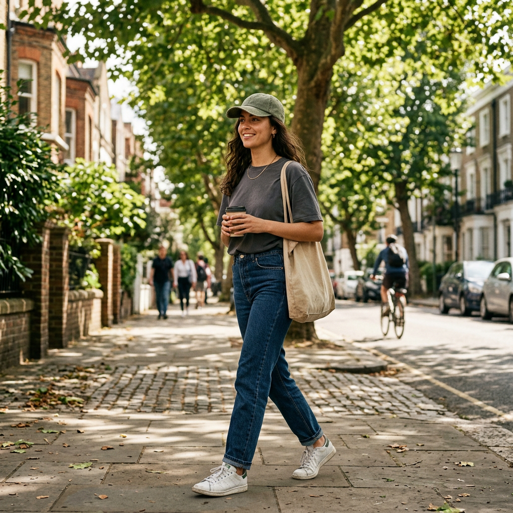 Woman wearing olive green dad cap urban street style