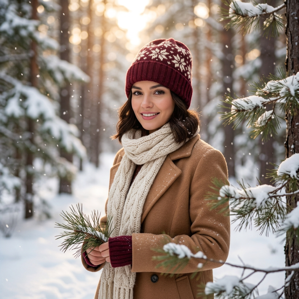 Woman wearing burgundy snowflake beanie snowy pine forest winter lifestyle