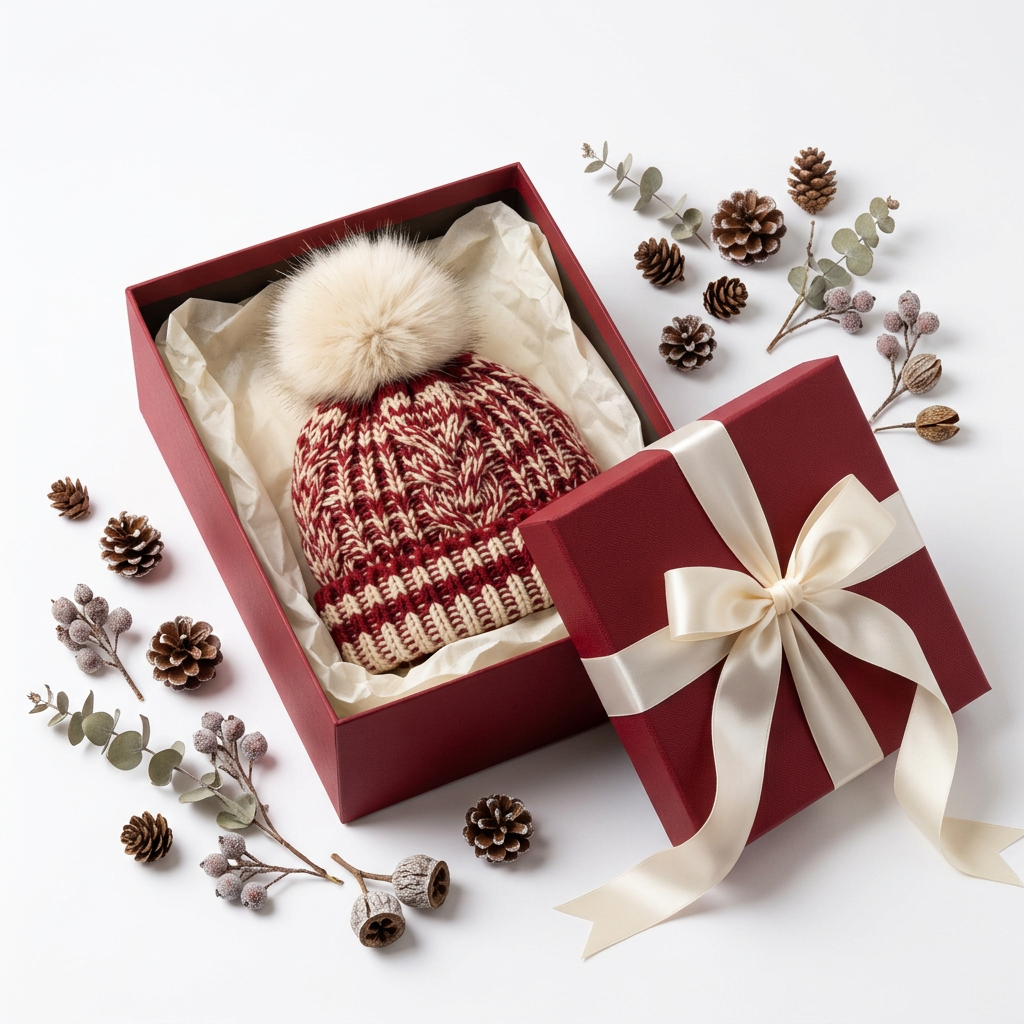 Christmas red ivory pom-pom beanie deep red gift box packaging