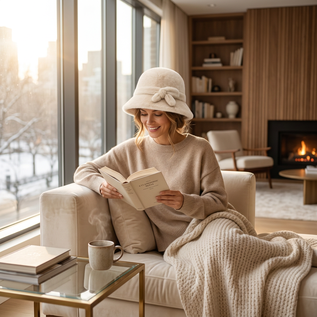 Woman wearing cream fur bucket hat in cozy luxury apartment
