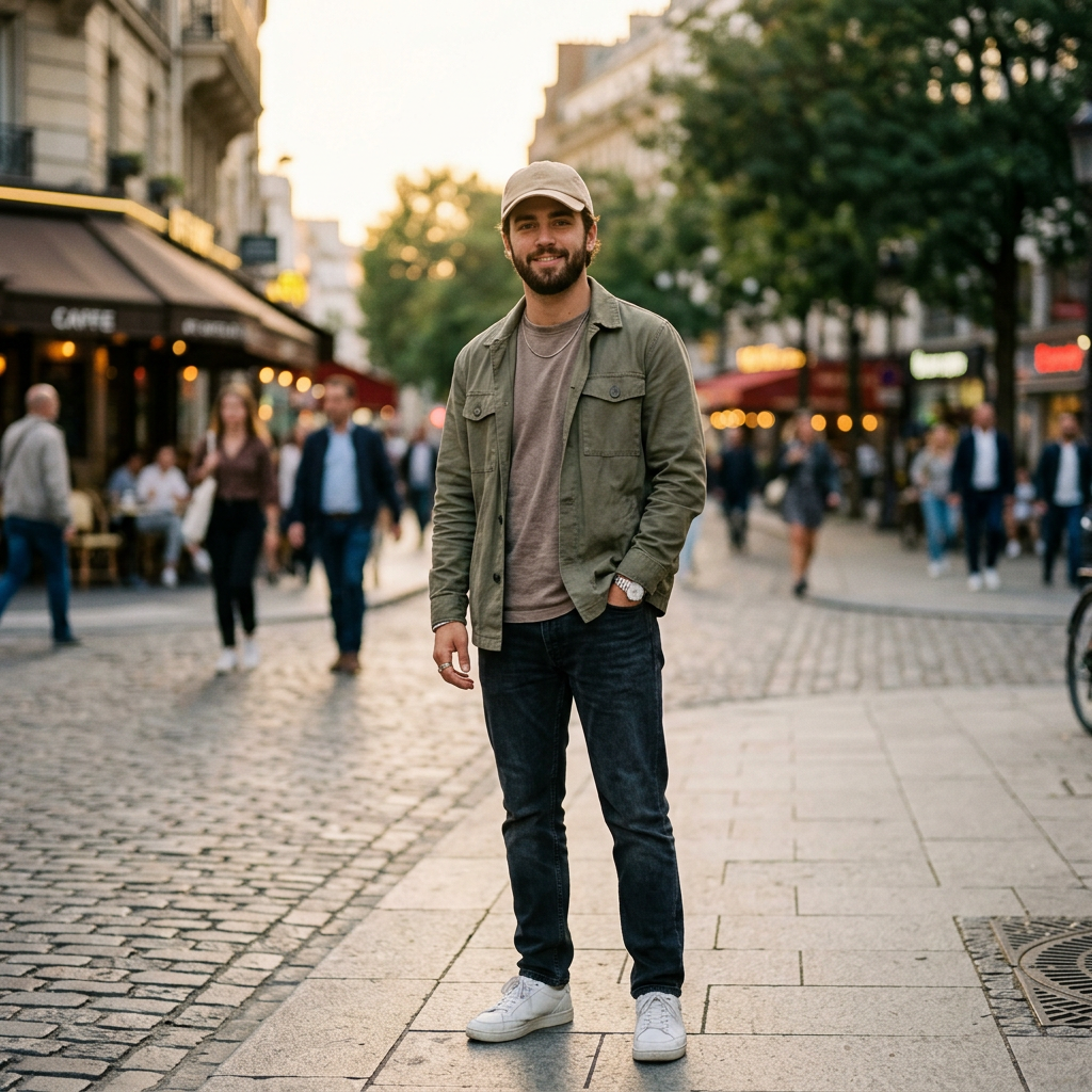 Man wearing beige baseball cap urban street lifestyle